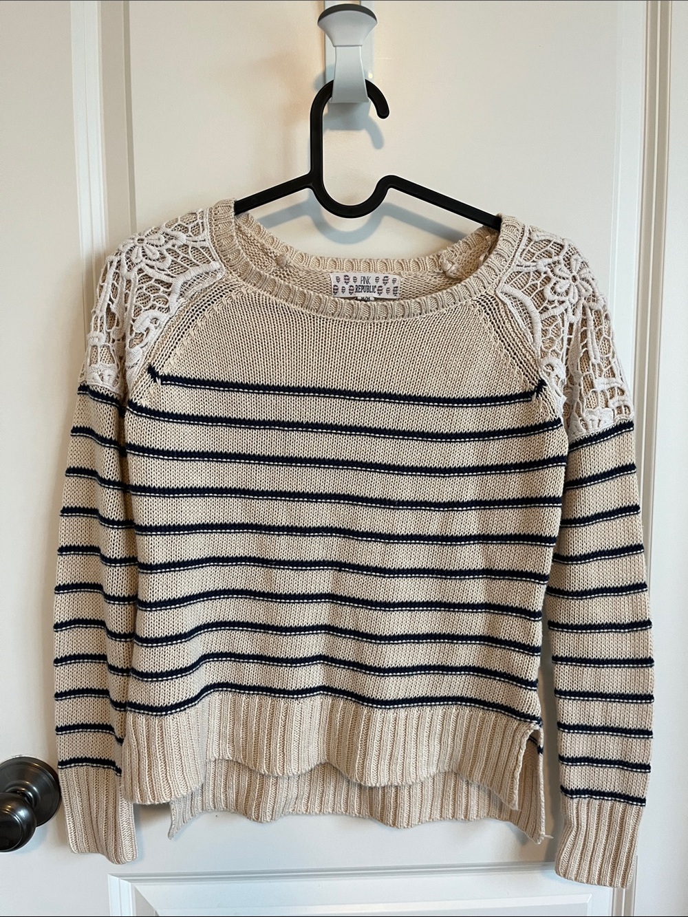 Pink Republic Cream & Navy Striped Lace-Shoulder Sweater